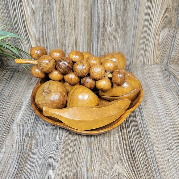 Vintage MCM Wooden Bowl and Assorted Wooden Fruit, - Picture 2 of 6